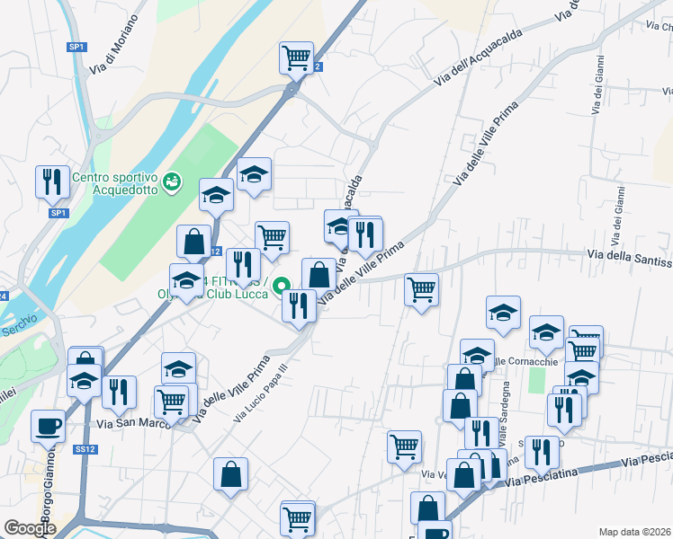 map of restaurants, bars, coffee shops, grocery stores, and more near 11 Via dell'Acquacalda in Lucca