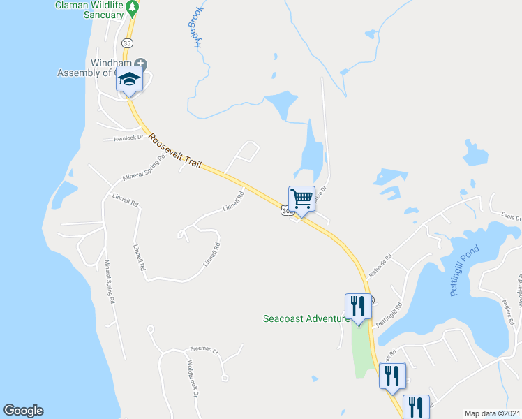 map of restaurants, bars, coffee shops, grocery stores, and more near 992 Roosevelt Trail in Windham