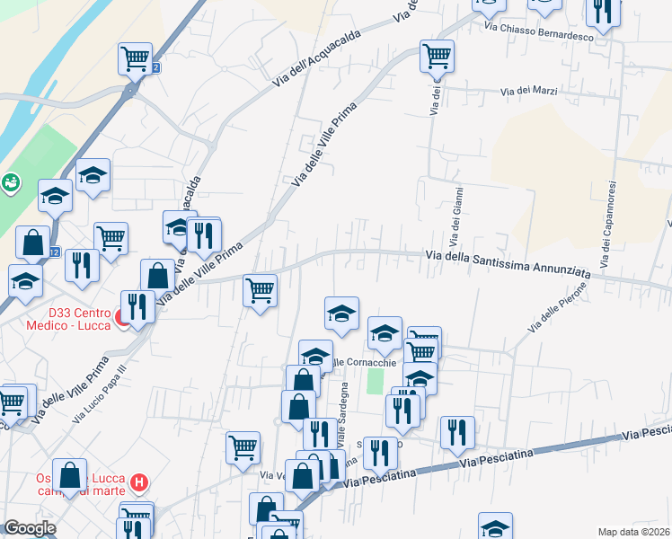 map of restaurants, bars, coffee shops, grocery stores, and more near 65 Traversa II via SS.Annunziata in Lucca