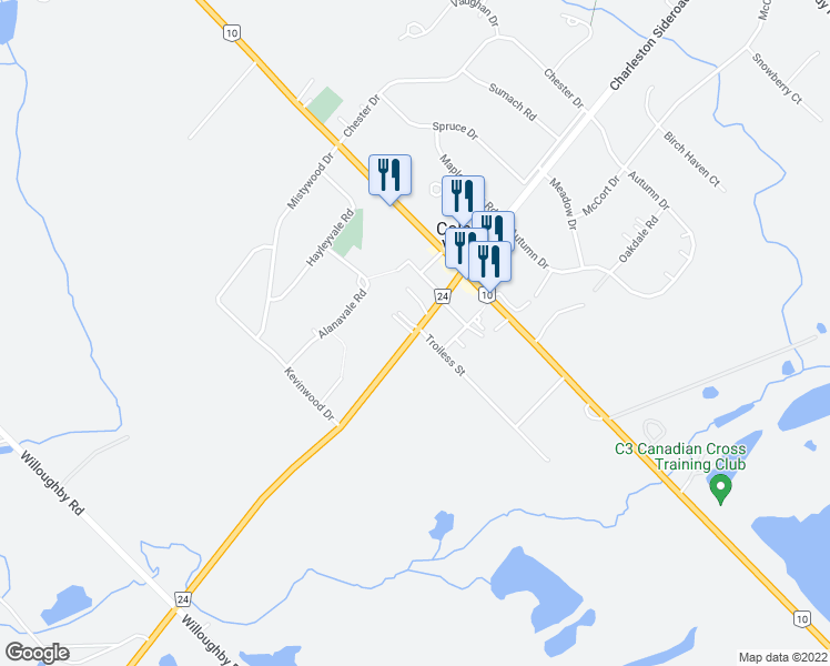 map of restaurants, bars, coffee shops, grocery stores, and more near 2918 Charleston Sideroad in Caledon