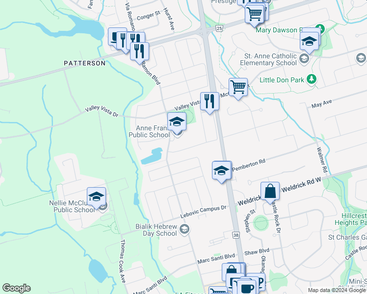 map of restaurants, bars, coffee shops, grocery stores, and more near 36 Southvale Drive in Vaughan