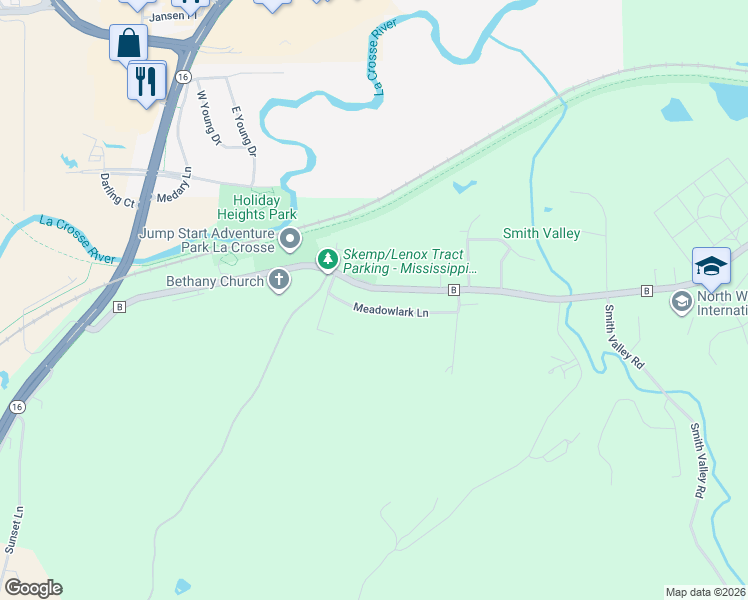 map of restaurants, bars, coffee shops, grocery stores, and more near 4205 Meadow Lark Lane in La Crosse