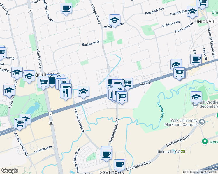 map of restaurants, bars, coffee shops, grocery stores, and more near in Markham