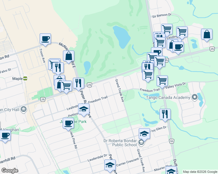 map of restaurants, bars, coffee shops, grocery stores, and more near 30 Catalpa Crescent in Vaughan