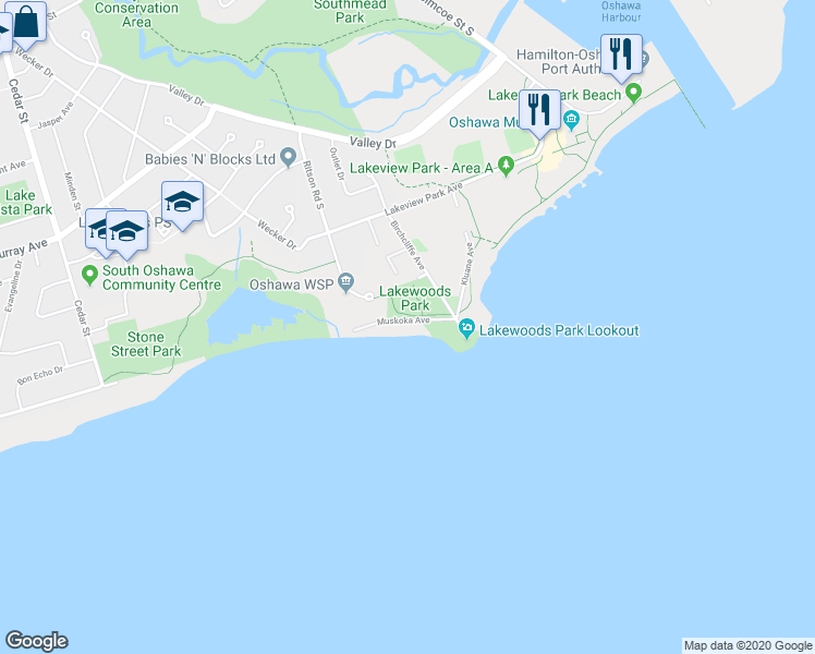 map of restaurants, bars, coffee shops, grocery stores, and more near 61 Muskoka Avenue in Oshawa