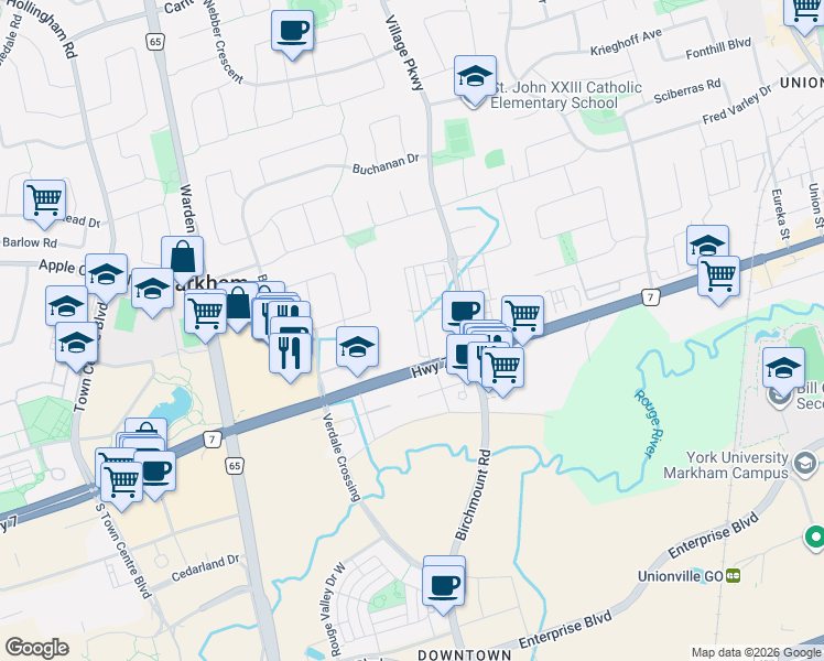 map of restaurants, bars, coffee shops, grocery stores, and more near 18 Teasel Way in Markham
