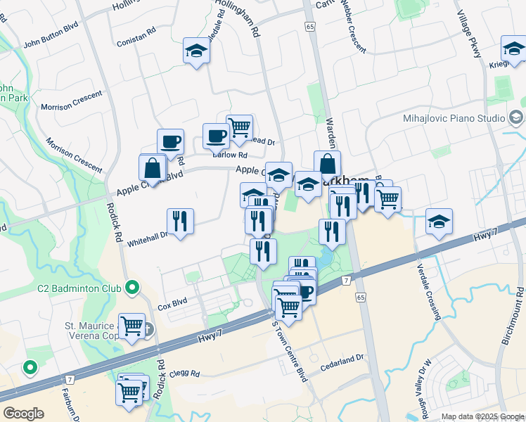 map of restaurants, bars, coffee shops, grocery stores, and more near 260 Town Centre Boulevard in Markham