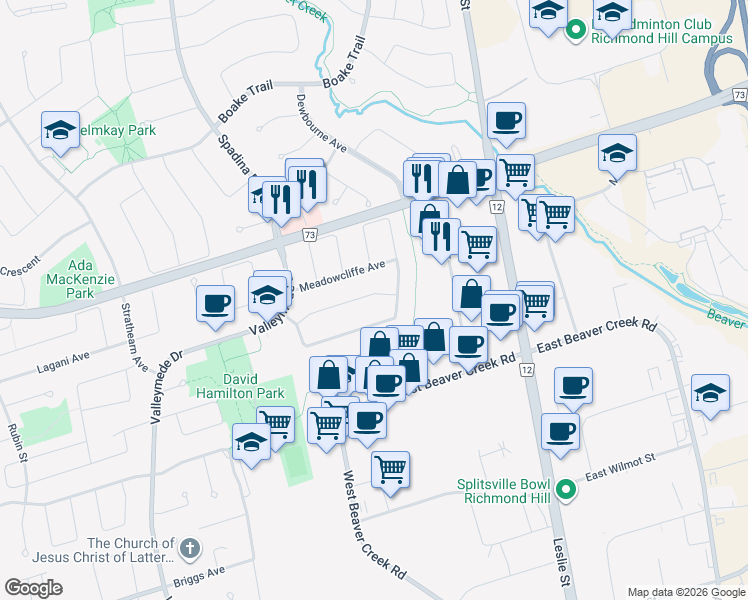 map of restaurants, bars, coffee shops, grocery stores, and more near 39 Glenhurst Road in Richmond Hill