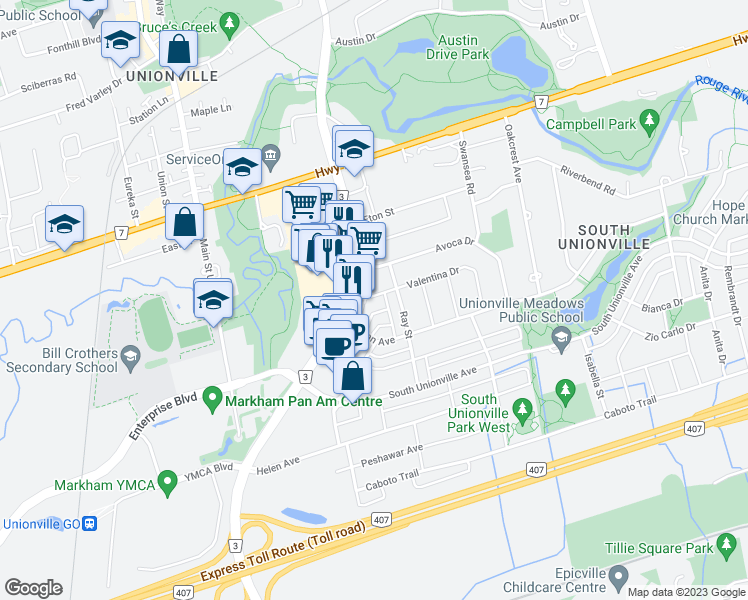 map of restaurants, bars, coffee shops, grocery stores, and more near 230 Valentina Drive in Markham