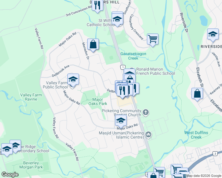 map of restaurants, bars, coffee shops, grocery stores, and more near 1678 Dellbrook Avenue in Pickering