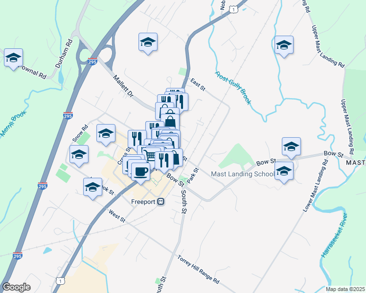 map of restaurants, bars, coffee shops, grocery stores, and more near 13 School Street in Freeport