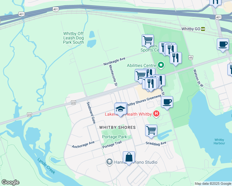 map of restaurants, bars, coffee shops, grocery stores, and more near in Whitby