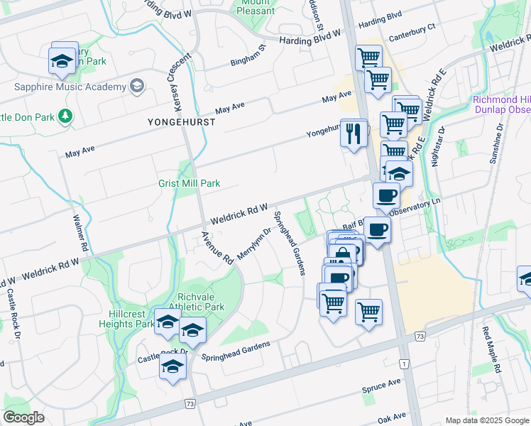 map of restaurants, bars, coffee shops, grocery stores, and more near 79 Weldrick Road West in Richmond Hill