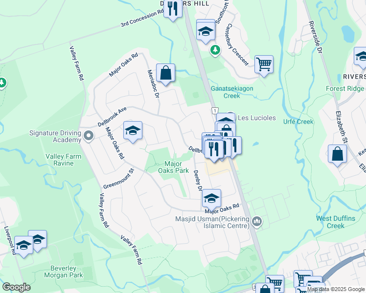 map of restaurants, bars, coffee shops, grocery stores, and more near 1671 Dellbrook Avenue in Pickering