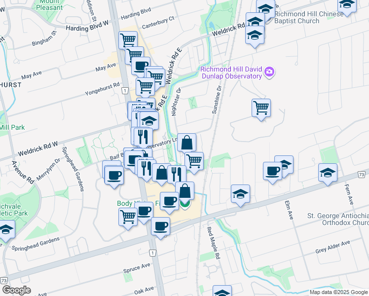 map of restaurants, bars, coffee shops, grocery stores, and more near 25 Marshall Street in Richmond Hill