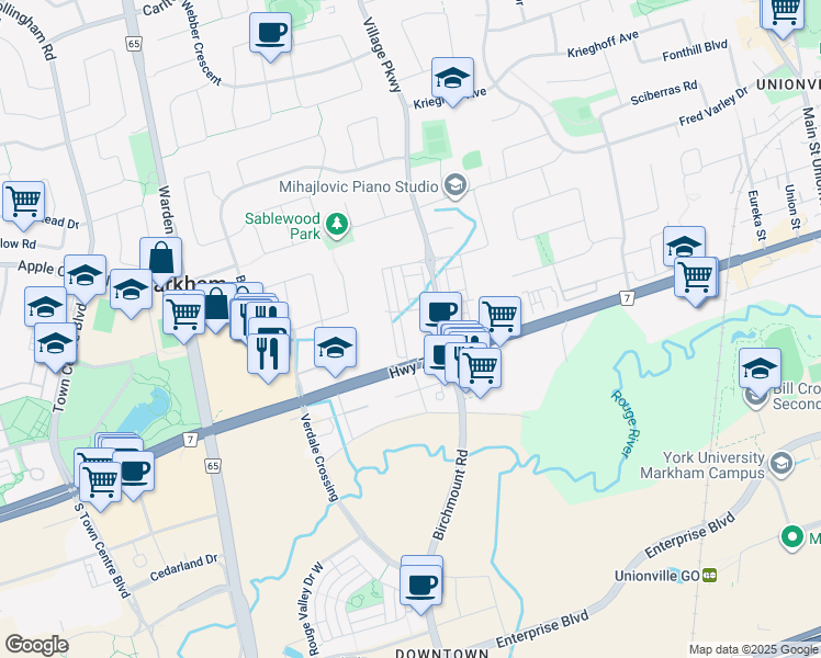 map of restaurants, bars, coffee shops, grocery stores, and more near 268 Buchanan Drive in Markham