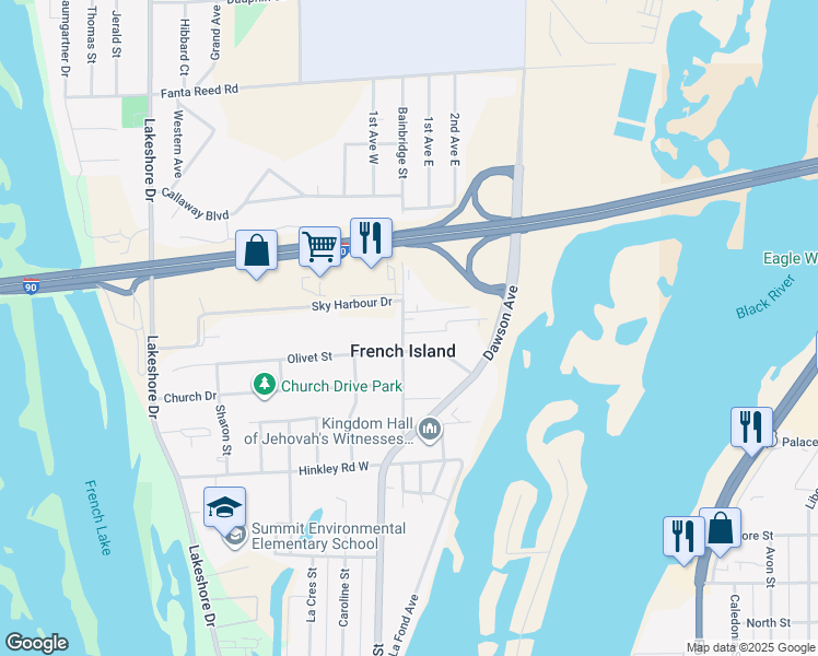 map of restaurants, bars, coffee shops, grocery stores, and more near in French Island