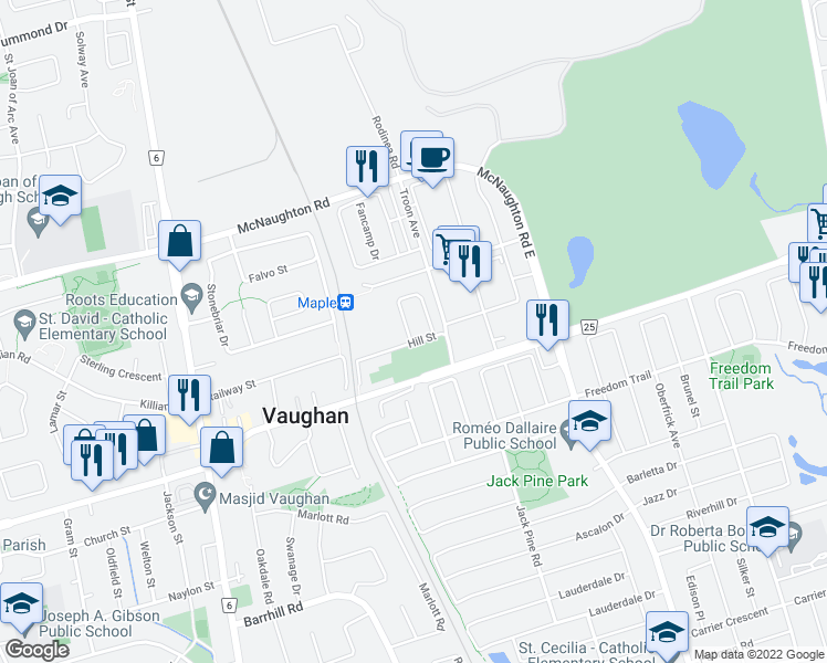 map of restaurants, bars, coffee shops, grocery stores, and more near 100 Glenngarry Crescent in Vaughan