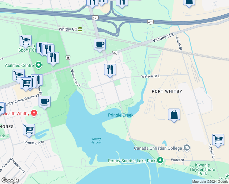 map of restaurants, bars, coffee shops, grocery stores, and more near 1722 Brock Street South in Whitby