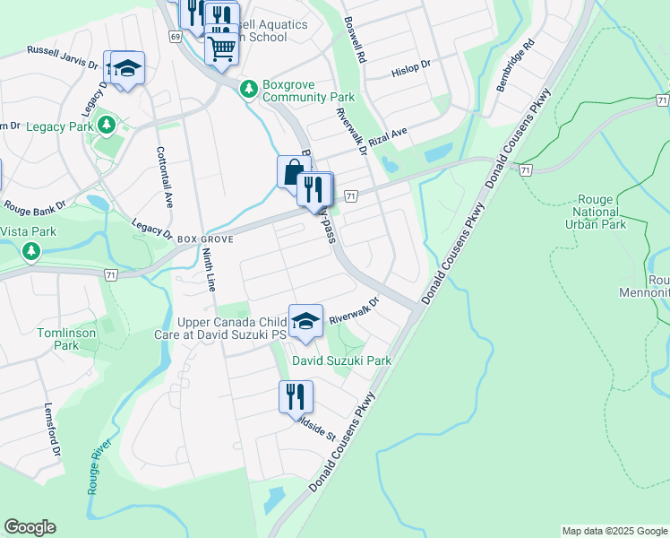 map of restaurants, bars, coffee shops, grocery stores, and more near 59 Batchford Crescent in Markham