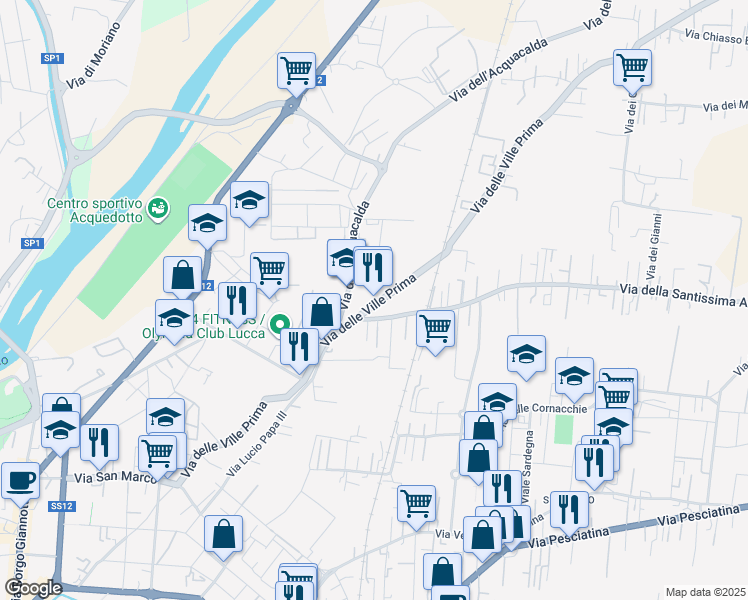 map of restaurants, bars, coffee shops, grocery stores, and more near Via delle Ville Prima in Lucca