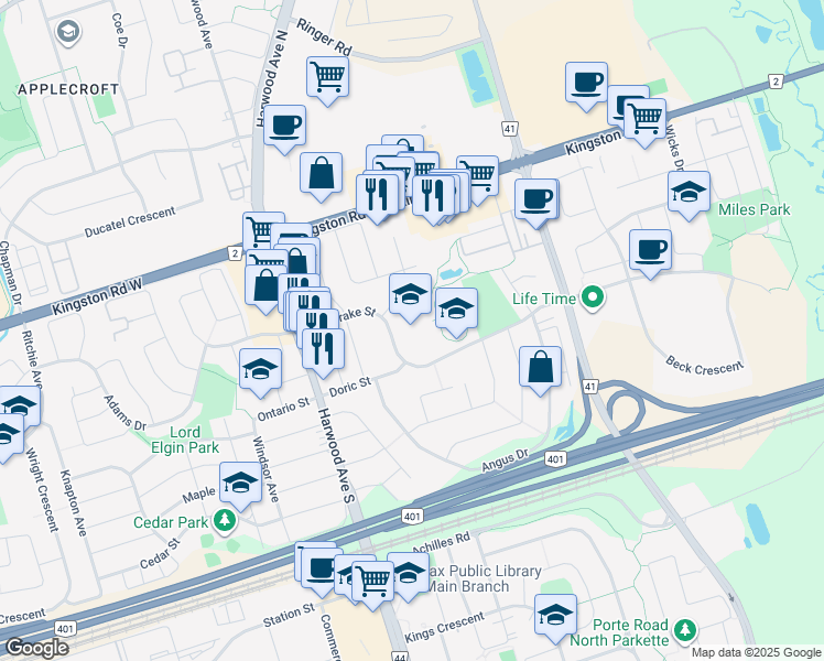 map of restaurants, bars, coffee shops, grocery stores, and more near 80 Mandrake Street in Ajax