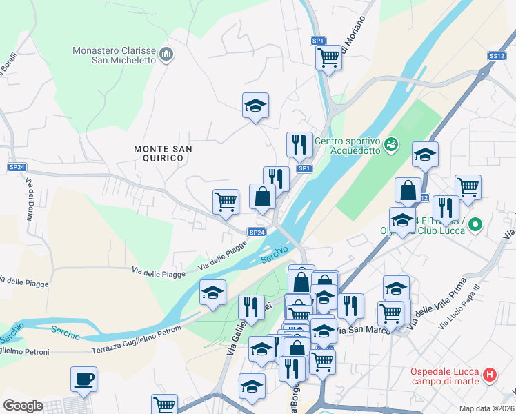 map of restaurants, bars, coffee shops, grocery stores, and more near Via della Chiesa IX in Lucca