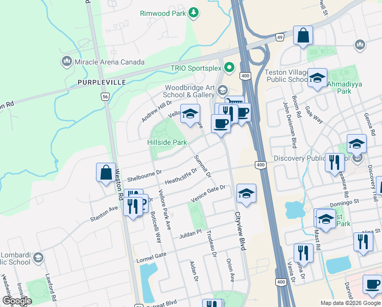 map of restaurants, bars, coffee shops, grocery stores, and more near 76 Shelbourne Drive in Vaughan