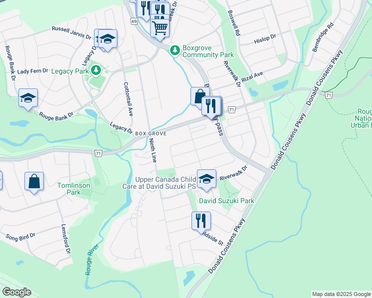 map of restaurants, bars, coffee shops, grocery stores, and more near 10 Newfields Drive in Markham