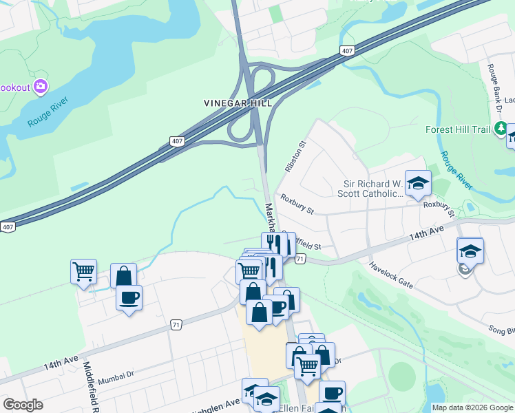 map of restaurants, bars, coffee shops, grocery stores, and more near 7970 York Regional Road 68 in Markham