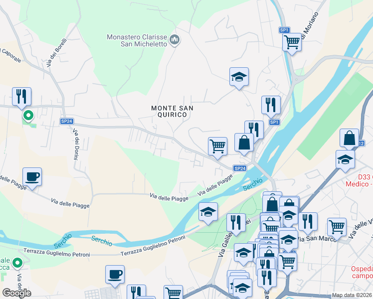 map of restaurants, bars, coffee shops, grocery stores, and more near 499 Via di Sant'Alessio in Lucca