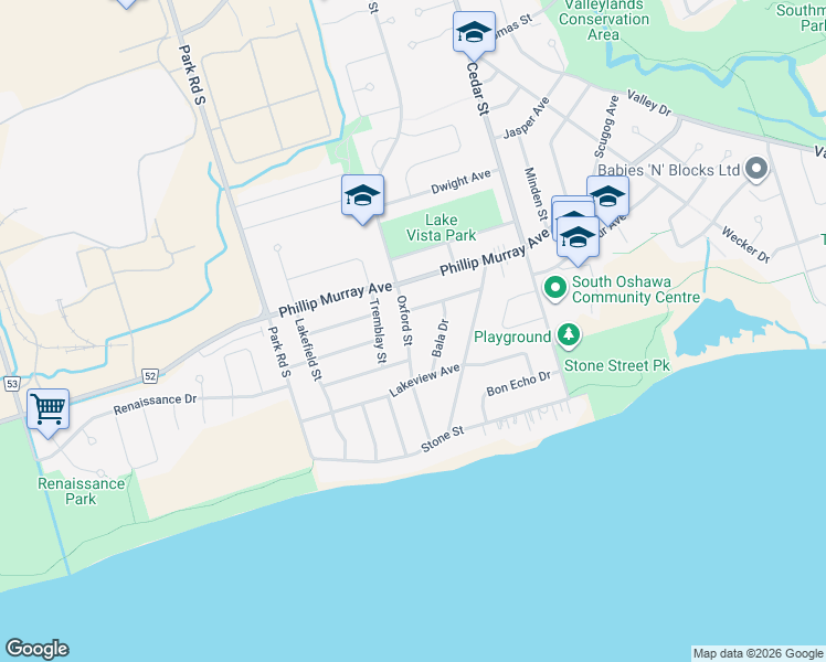 map of restaurants, bars, coffee shops, grocery stores, and more near 1435 Oxford Street in Oshawa