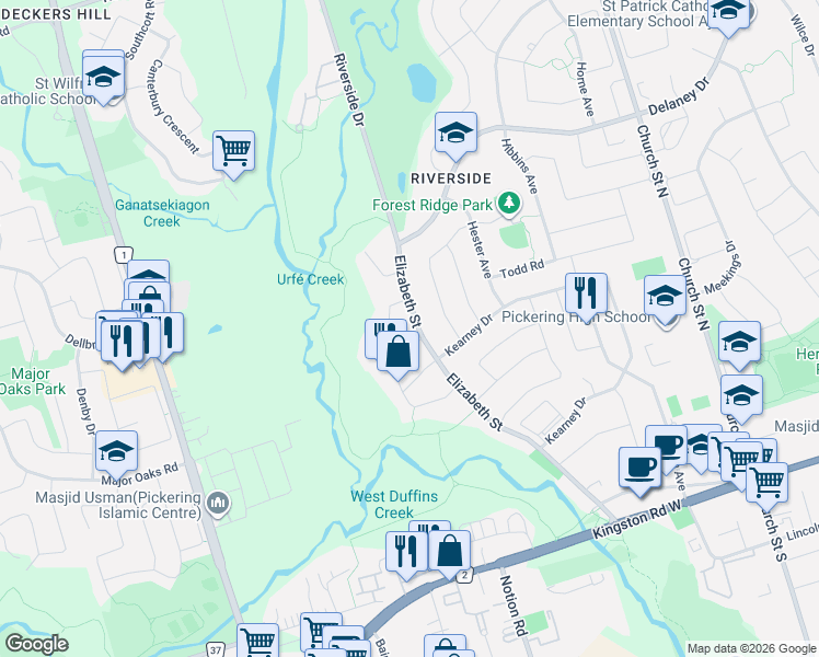 map of restaurants, bars, coffee shops, grocery stores, and more near in Ajax
