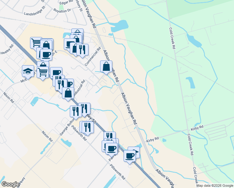 map of restaurants, bars, coffee shops, grocery stores, and more near 8 Morra Avenue in Caledon