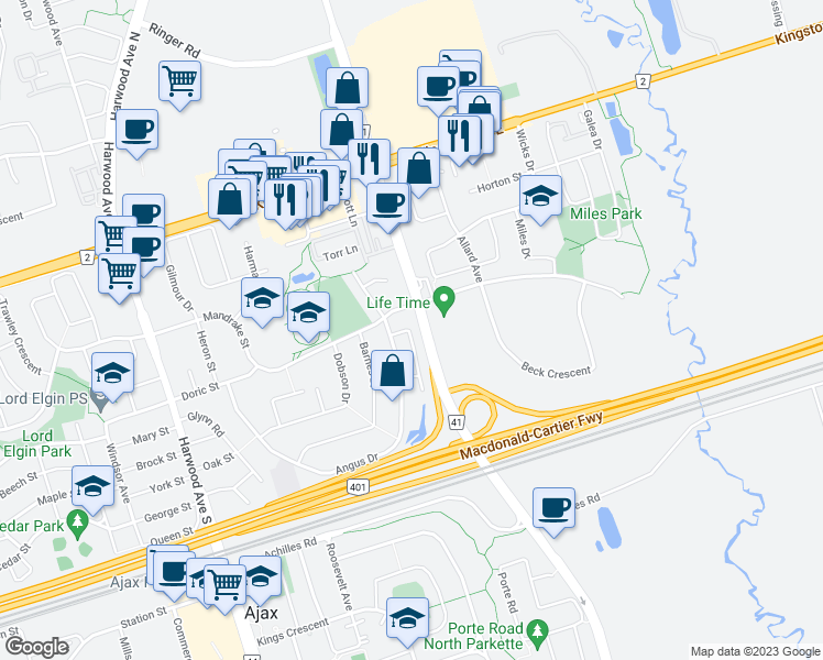 map of restaurants, bars, coffee shops, grocery stores, and more near 1 Cooperage Lane in Ajax