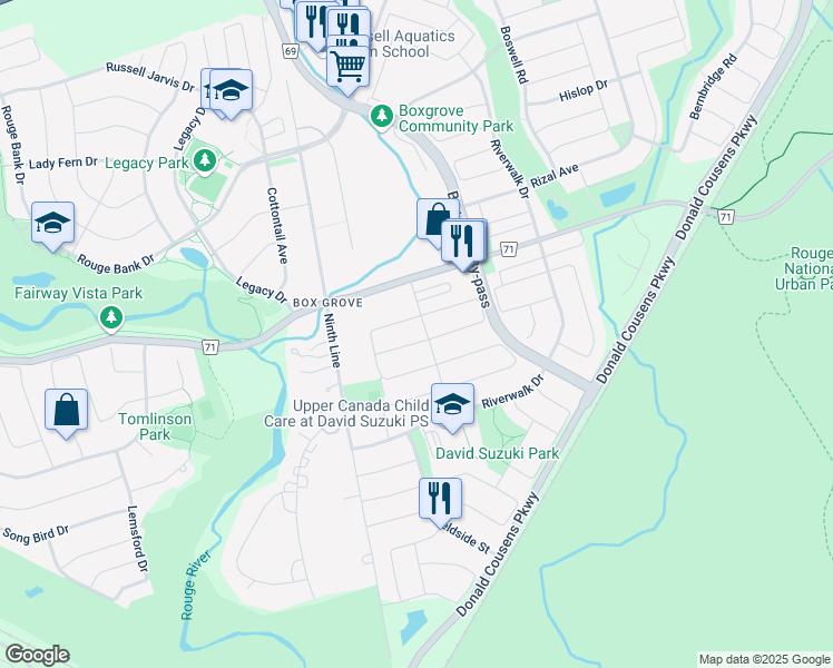map of restaurants, bars, coffee shops, grocery stores, and more near 4 Newfields Drive in Markham