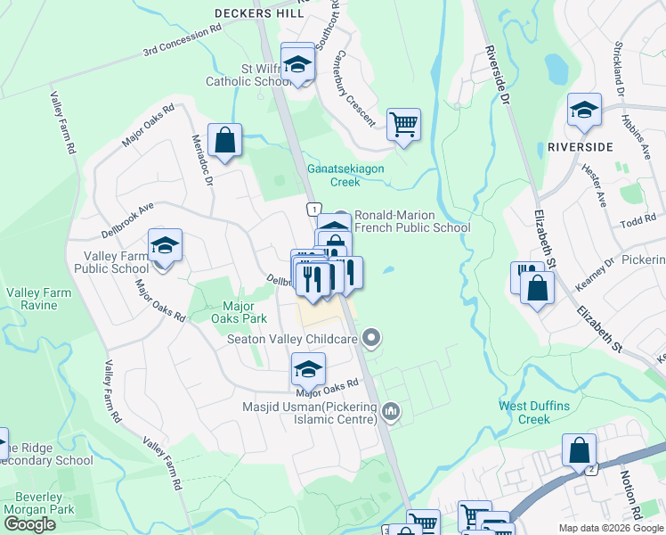 map of restaurants, bars, coffee shops, grocery stores, and more near Dellbrook Avenue & Brock Road in Pickering