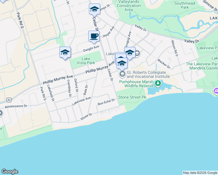 map of restaurants, bars, coffee shops, grocery stores, and more near 662 Balsam Crescent in Oshawa