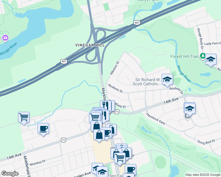 map of restaurants, bars, coffee shops, grocery stores, and more near 7970 York Regional Road 68 in Markham