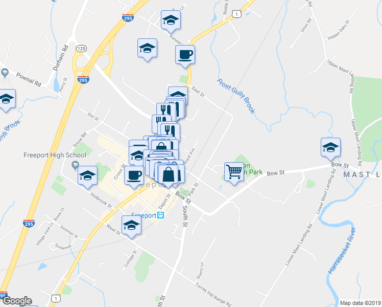 map of restaurants, bars, coffee shops, grocery stores, and more near 12 Royal Avenue in Freeport