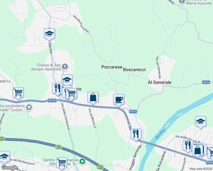 map of restaurants, bars, coffee shops, grocery stores, and more near 387 Via della Chiesa XXIII in San Macario In Piano