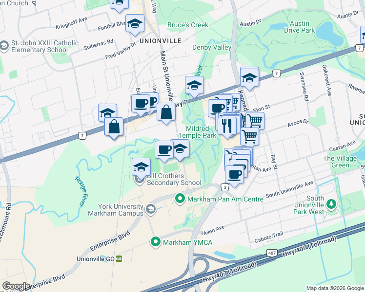 map of restaurants, bars, coffee shops, grocery stores, and more near in Markham