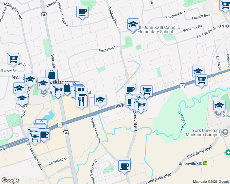 map of restaurants, bars, coffee shops, grocery stores, and more near 6 Teasel Way in Markham