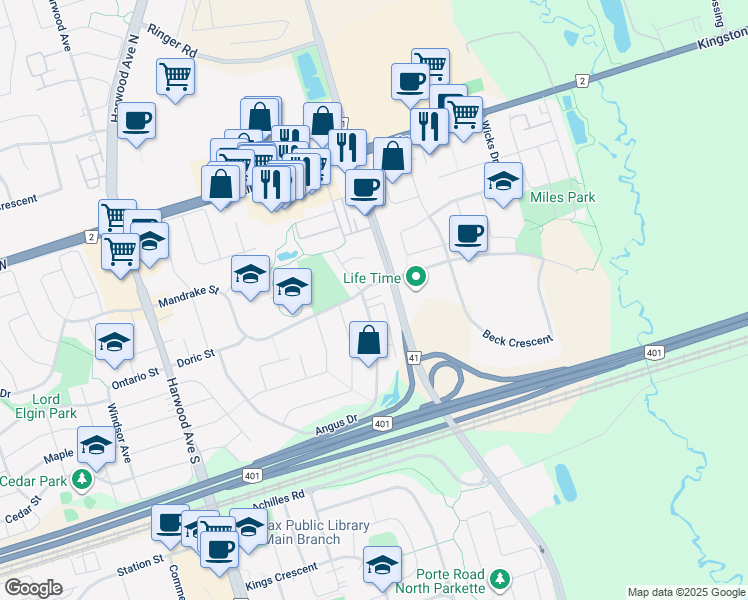 map of restaurants, bars, coffee shops, grocery stores, and more near 184 Angus Drive in Ajax