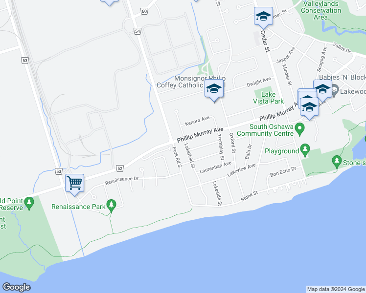 map of restaurants, bars, coffee shops, grocery stores, and more near 1398 Lakefield Street in Oshawa