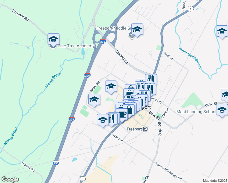 map of restaurants, bars, coffee shops, grocery stores, and more near 21 Morse Street in Freeport