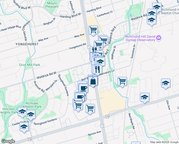 map of restaurants, bars, coffee shops, grocery stores, and more near 20 Baif Boulevard in Richmond Hill