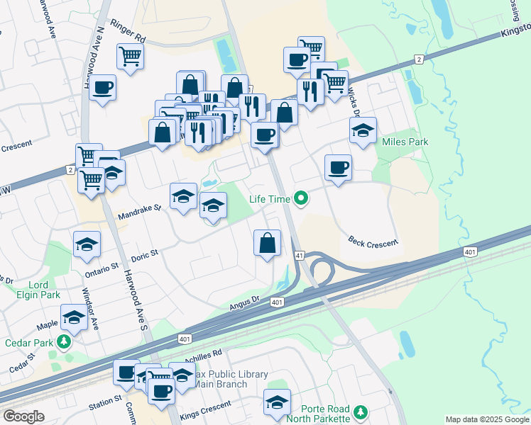 map of restaurants, bars, coffee shops, grocery stores, and more near in Ajax