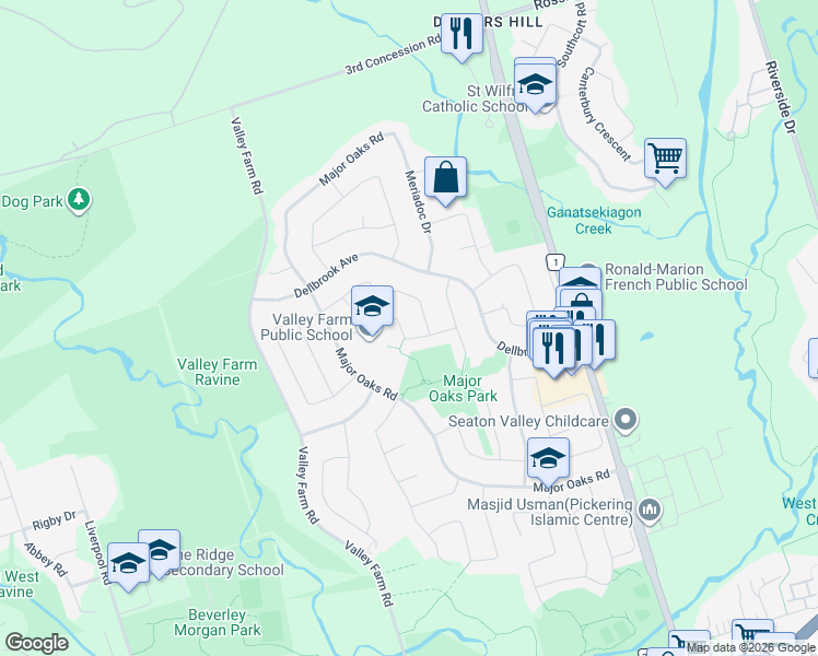 map of restaurants, bars, coffee shops, grocery stores, and more near 1648 Pepperwood Gate in Pickering
