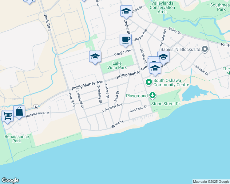 map of restaurants, bars, coffee shops, grocery stores, and more near 1434 Bala Drive in Oshawa